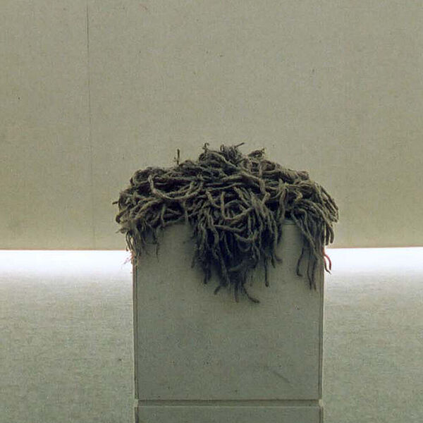 Ausstellungsraum mit Podest in der Mitte auf dem ein grauer Filzlmob positioniert ist