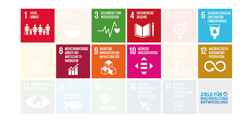 Die Icons für die SDG Ziele 1, 3, 4, 6, 8, 9, 10, 12