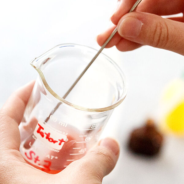 Eine Flüssigkeit wird in einem Reagenzglas von einer Hand mit einem Glasstab gerührt.