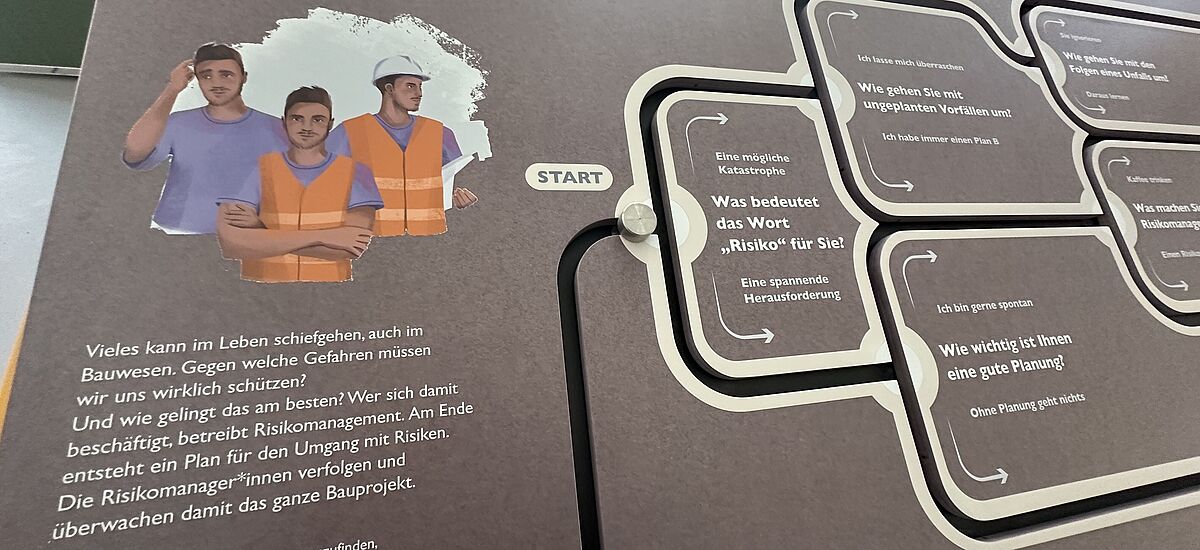 Detail eines Mitmachspiels zum Risiko-Management in der Ausstellung Hochbau