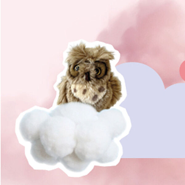 Eine Kuscheltier-Eule und ein Kuscheltier-Fuchs auf einer Wolke - umgeben von rosa Wolken