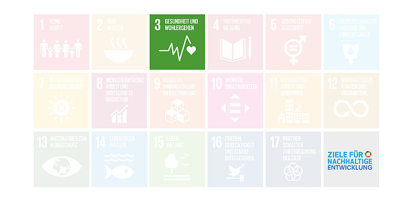 Die Icons für die SDG Ziele 3, 8, 12