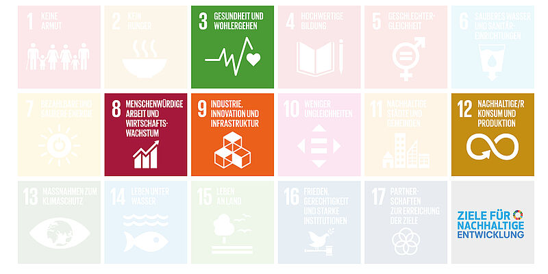 Die Icons für die SDG Ziele 3, 8, 9, 12