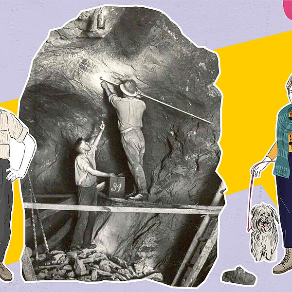 Historisches Bild einer Reinigungskraft (Frau, ca. 1970er Jahre) und Illustration einer Frau mit Hund (Gärtnerin) zur Ausstellung über Berufskrankheiten