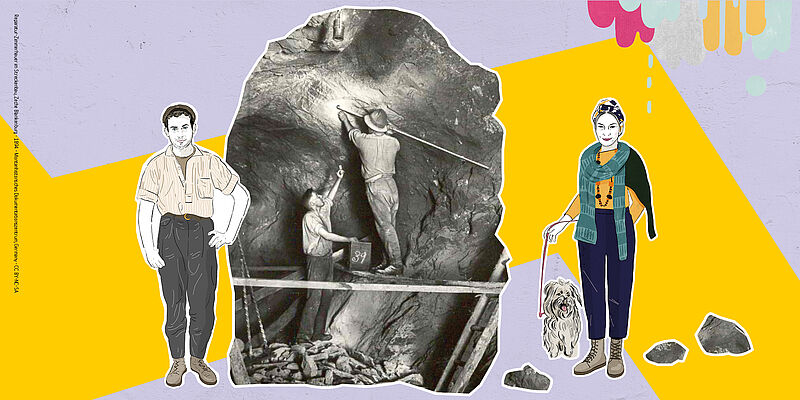 Historisches Bild einer Reinigungskraft (Frau, ca. 1970er Jahre) und Illustration einer Frau mit Hund (Gärtnerin) zur Ausstellung über Berufskrankheiten