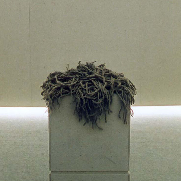 Ausstellungsraum mit Podest in der Mitte auf dem ein grauer Filzlmob positioniert ist 