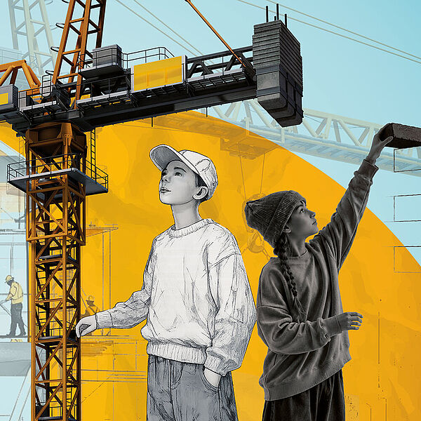 Leitmotiv der Ausstellung "Hochbau" mit einem Kran, einem gezeichneten Haus und zwei Kindern, die etwas ausprobieren