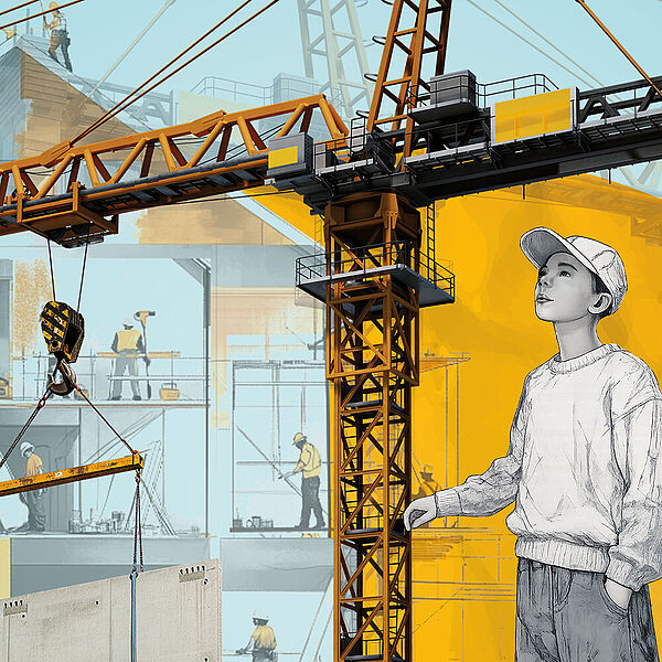 Leitmotiv der Ausstellung "Hochbau" mit einem Kran, einem gezeichneten Haus und zwei Kindern, die etwas ausprobieren
