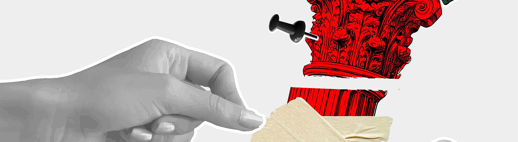 Zwei Hände kleben ein Pflaster über eine antike Säüle, die zerbrochen ist.