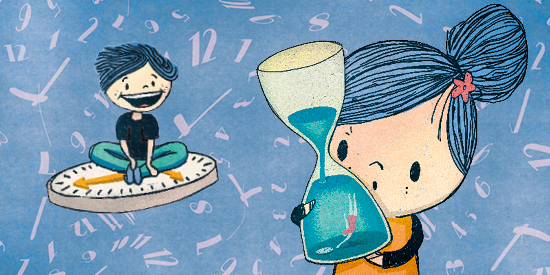 Illustration von zwei Kindern: Eins sitzt auf einer Uhr und lacht, das andere hält eine Sanduhr in der Hand