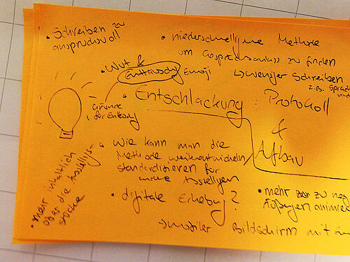 Orangefarbener Klebezettel mit Notizen vom Brainstorm