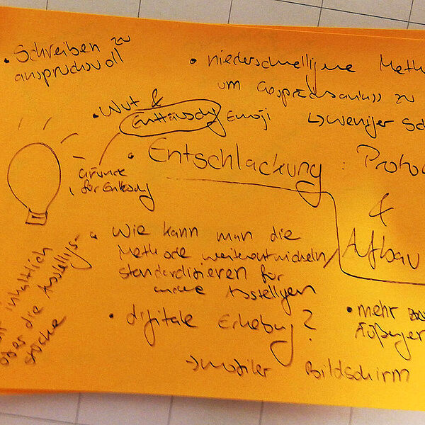 Orangefarbener Klebezettel mit Notizen vom Brainstorm