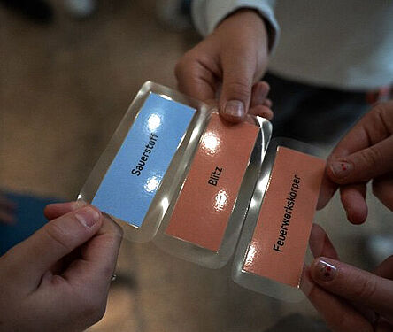 : Jede Schüler*in erhält ein Kärtchen. Sie sollen sich so zusammenfinden, dass sie einen anhaltenden Brand bilden können - hier hat es noch nicht ganz geklappt.