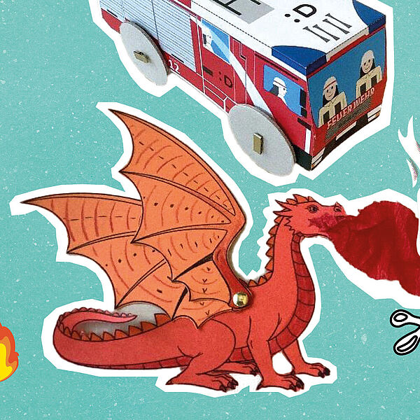 Ein brennendes Toastbrot und ein feuerspeiender Drache aus Papier sowie ein gebasteltes Feuerwehrauto als Schmuckbilder zum Ferienprogramm der DASA zum Thema Feuer