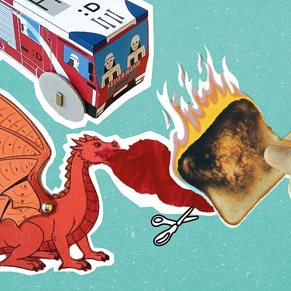 Ein brennendes Toastbrot und ein feuerspeiender Drache aus Papier sowie ein gebasteltes Feuerwehrauto als Schmuckbilder zum Ferienprogramm der DASA zum Thema Feuer