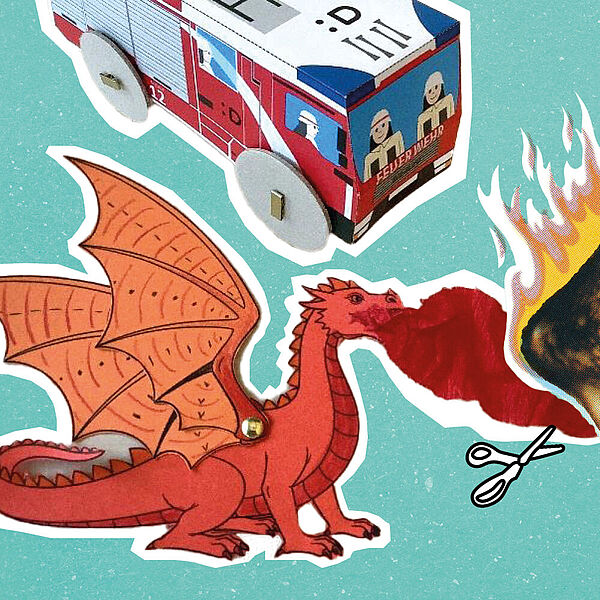 Ein brennendes Toastbrot und ein feuerspeiender Drache aus Papier sowie ein gebasteltes Feuerwehrauto als Schmuckbilder zum Ferienprogramm der DASA zum Thema Feuer