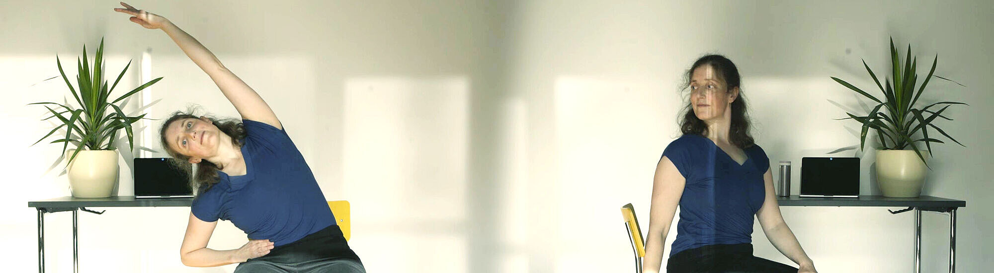 Eine Frau macht Gymnastik&uuml;bungen im Homeoffice