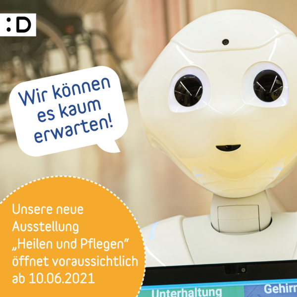 Ein Kopf von einem kleinen Roboter, dessen Worte auf einer Sprechblase abgebildet sind: Wir können es kaum erwarten!