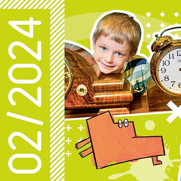 Titelbild-Collage, zeigt einen Roboterkopf, einen Jungen, der hinter zwei historischen Uhren hervorschaut, eine illustrierte Verkaufssituation und ien Mädchen, das eine Wand berührt. Der Hintergrund ist grün mit weißen Mustern.